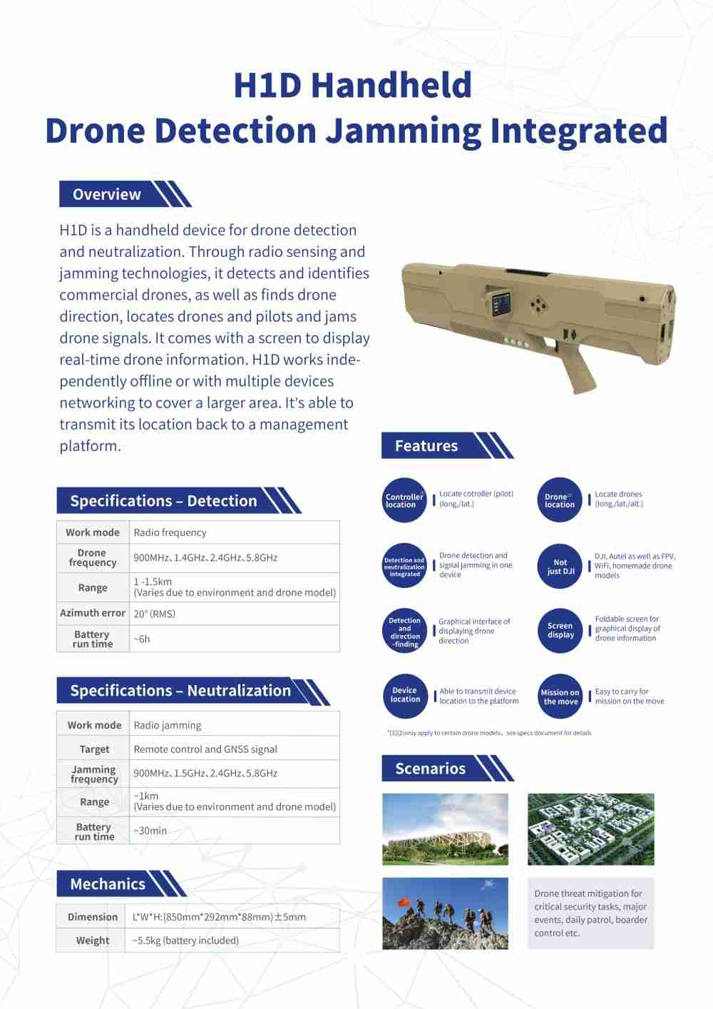 H1D HandheldDrone Detection Jamming Integrated specifications