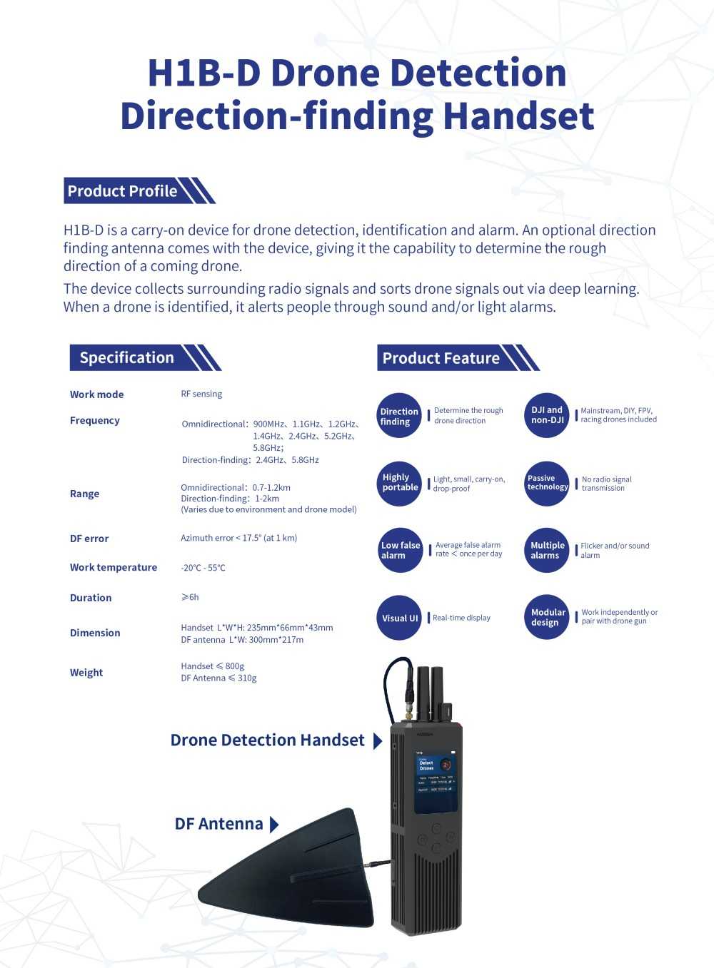 H1B-D Drone Detection Direction-finding Handset specifications